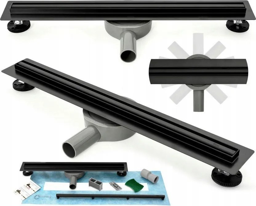 Rea Neox Pro Slim, sprchový odtokový žľab 80cm s otočným sifónom o 360stupňov, čierna matná, REA-G8902