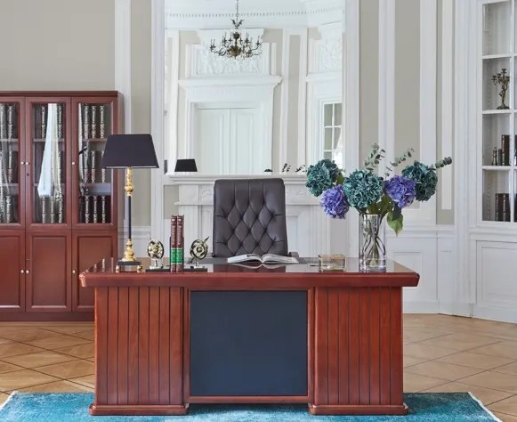 Pracovný stôl 180 cm dýhovaný Senatore, kožené čelo