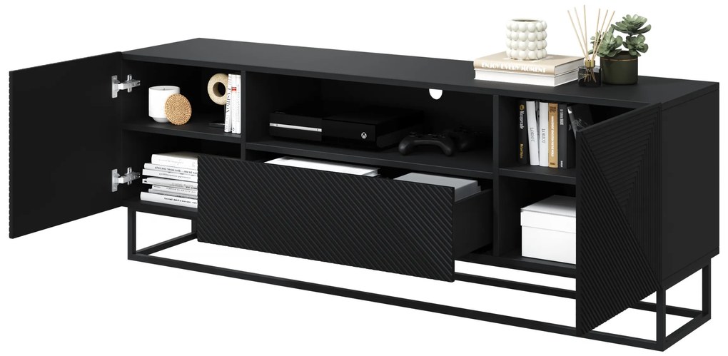 TV stolík Asha 167 cm so zásuvkou a kovovou konštrukciou - čierny mat
