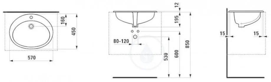 LAUFEN Indova Zápustné umývadlo, 570 mm x 450 mm, 1 otvor na batériu, biela H8113910000001