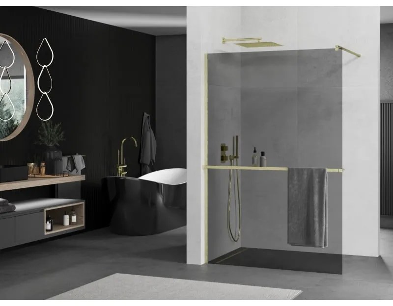 Mexen Kioto+, sprchová zástena Walk-In s poličkou a vešiakom 120 x 200 cm, 8mm šedé sklo, zlatý matný profil, 800-120-121-55-40