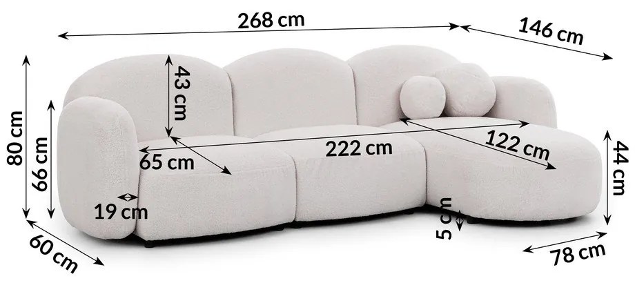 Krémová rohová pohovka z textílie buklé (pravý roh/s leňoškou) Orbit – Ropez