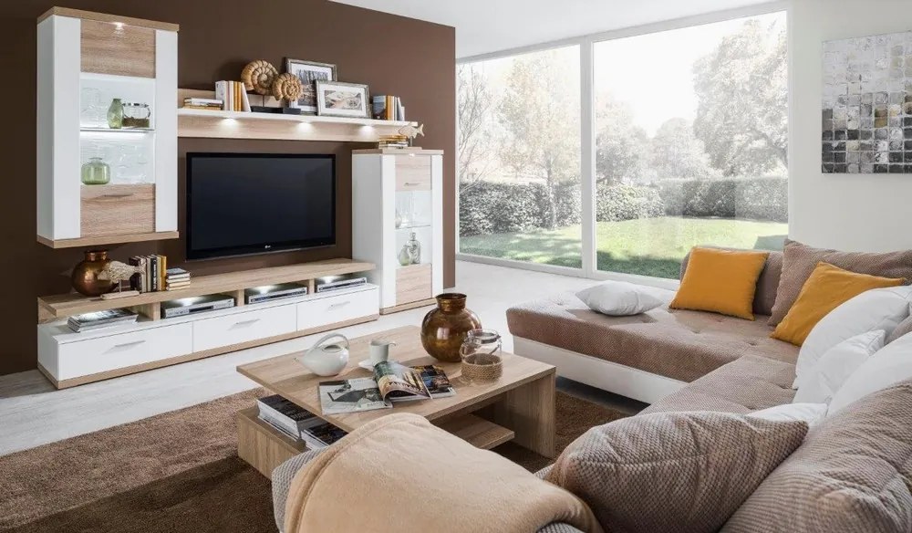 Obývacia stena Caracas kombi 333, dub / biely lesk, s osvetlením