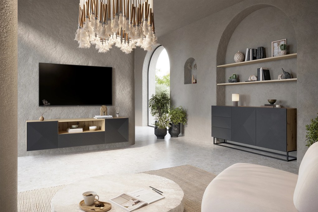 Závesný TV stolík Asha 167 cm s otvorenou policou - artisan / rivier stone mat