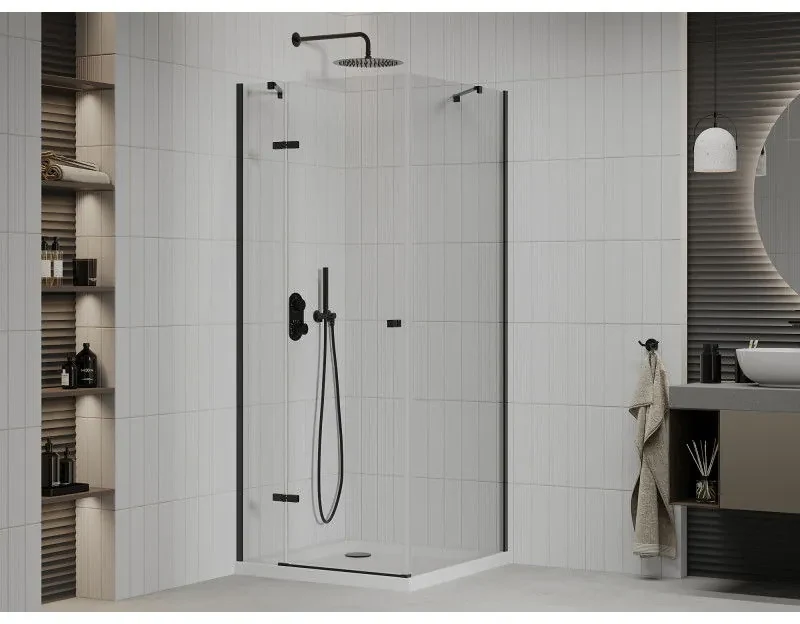 Mexen Roma, sprchovací kút s 1-krídlovými dverami 70 (dvere) x 80 (stena) cm, 6mm číre sklo, čierny profil, slim sprchová vanička 5cm biela s čiernym sifónom, 854-070-080-70-00-4010B