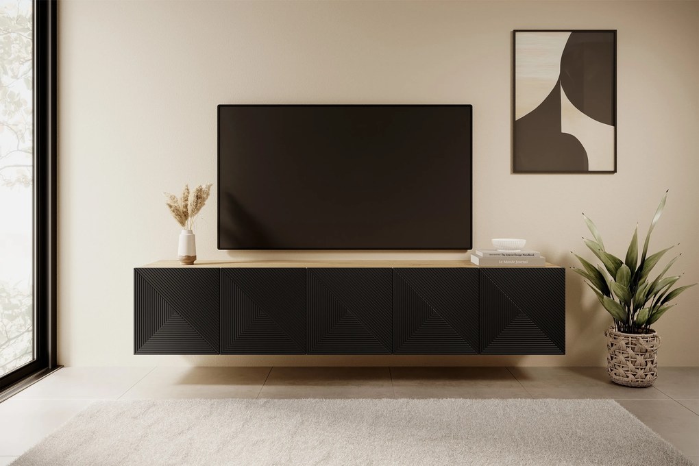 Závesná skrinka RTV Asha 200 cm s ryhovaným čelom - artisan / čierny mat
