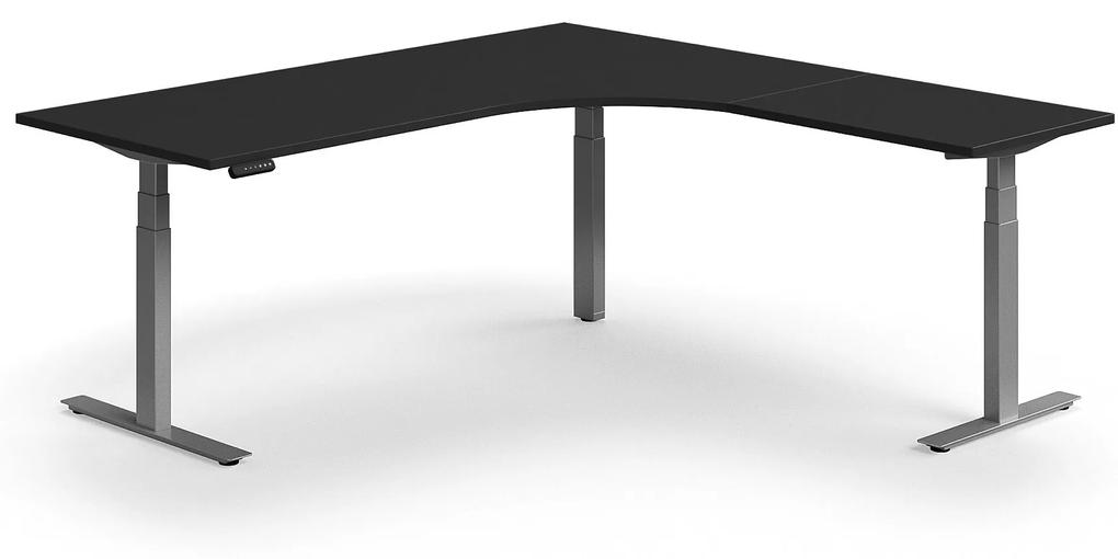 Výškovo nastaviteľný stôl QBUS, rohový, 2000x2000 mm, strieborný rám, čierna