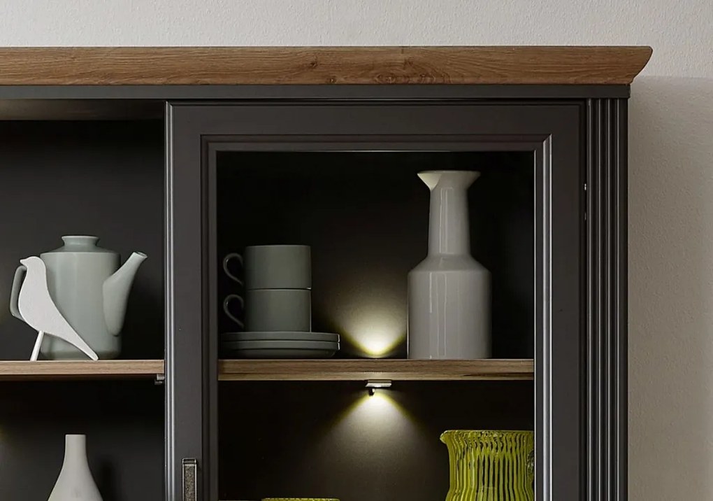 Nástavná vitrína s priehradkami Jasmin, grafit/dub, s osvetlením