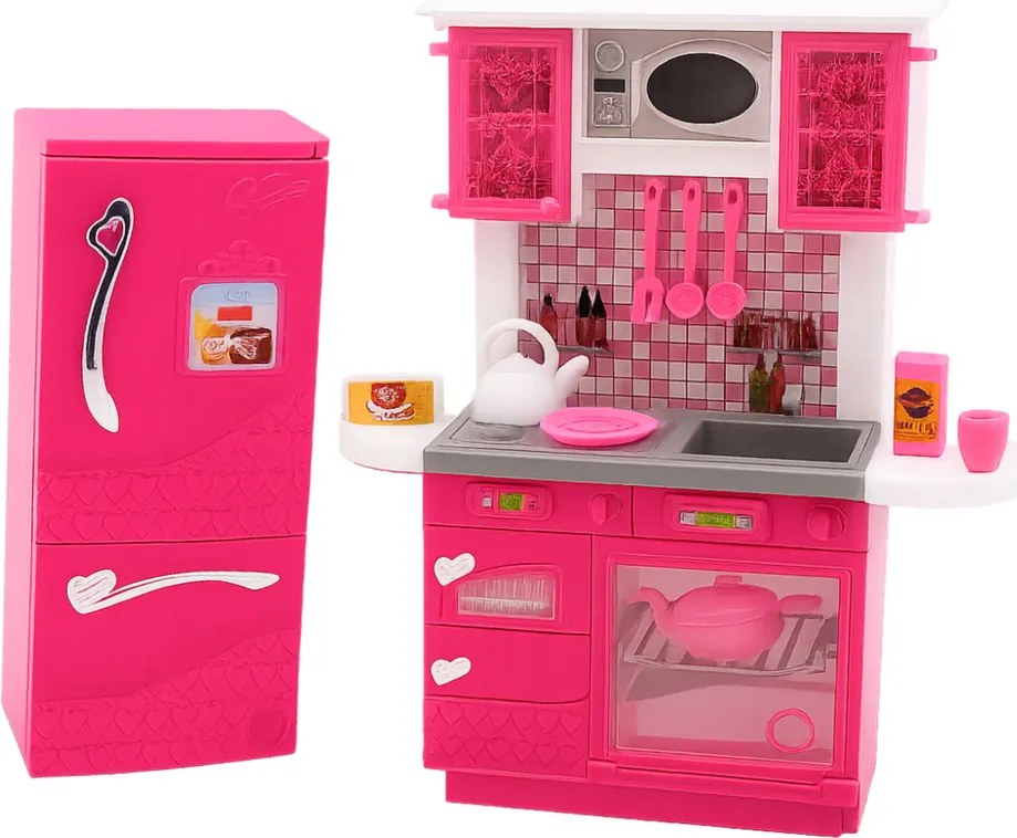 LEAN Toys Kuchynská súprava pre bábiky s chladničkou, rúrou a príslušenstvom, ružová