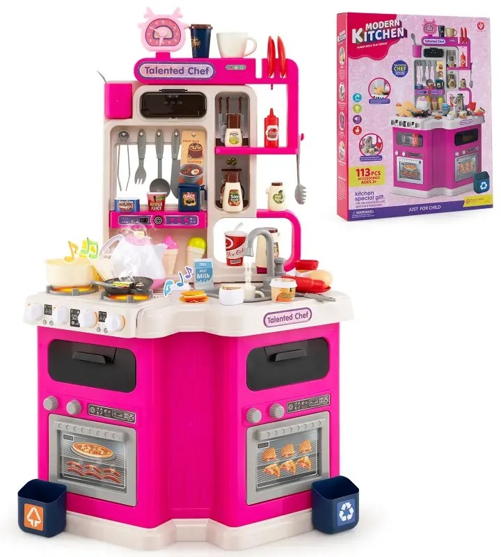 Detská rohová kuchynka so zvukmi a svetlami Detská kuchynka s varičom, drezom na hranie a 113 doplnkami Ružová
