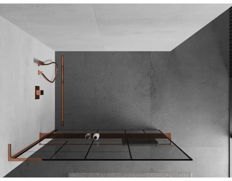 Mexen Kioto+ L, sprchová zástena Walk-In s poličkou a vešiakom 90 x 200 cm, 8mm číre sklo čierny vzor, ružové zlato profil, 800-090-123-60-78