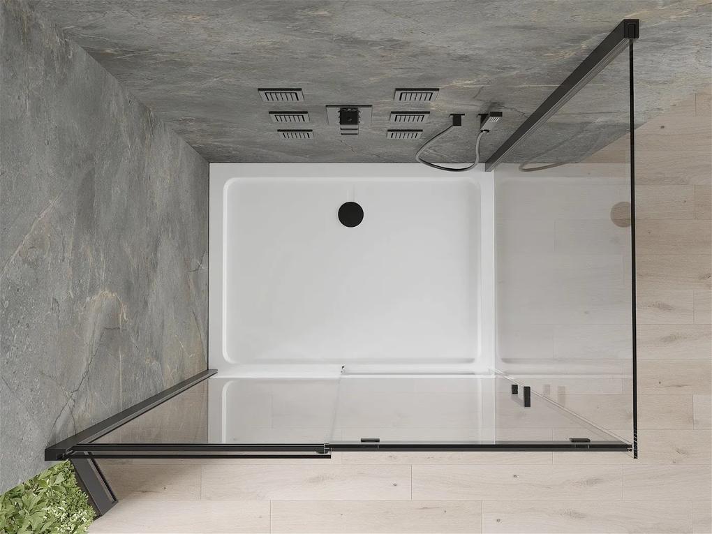 Mexen Omega, sprchovací kút s posuvnými dverami 120 (dvere) x 90 (stena) cm, 8mm číre sklo, čierny profil + slim sprchová vanička biela s čiernym sifónom, 825-120-090-70-00-4010B