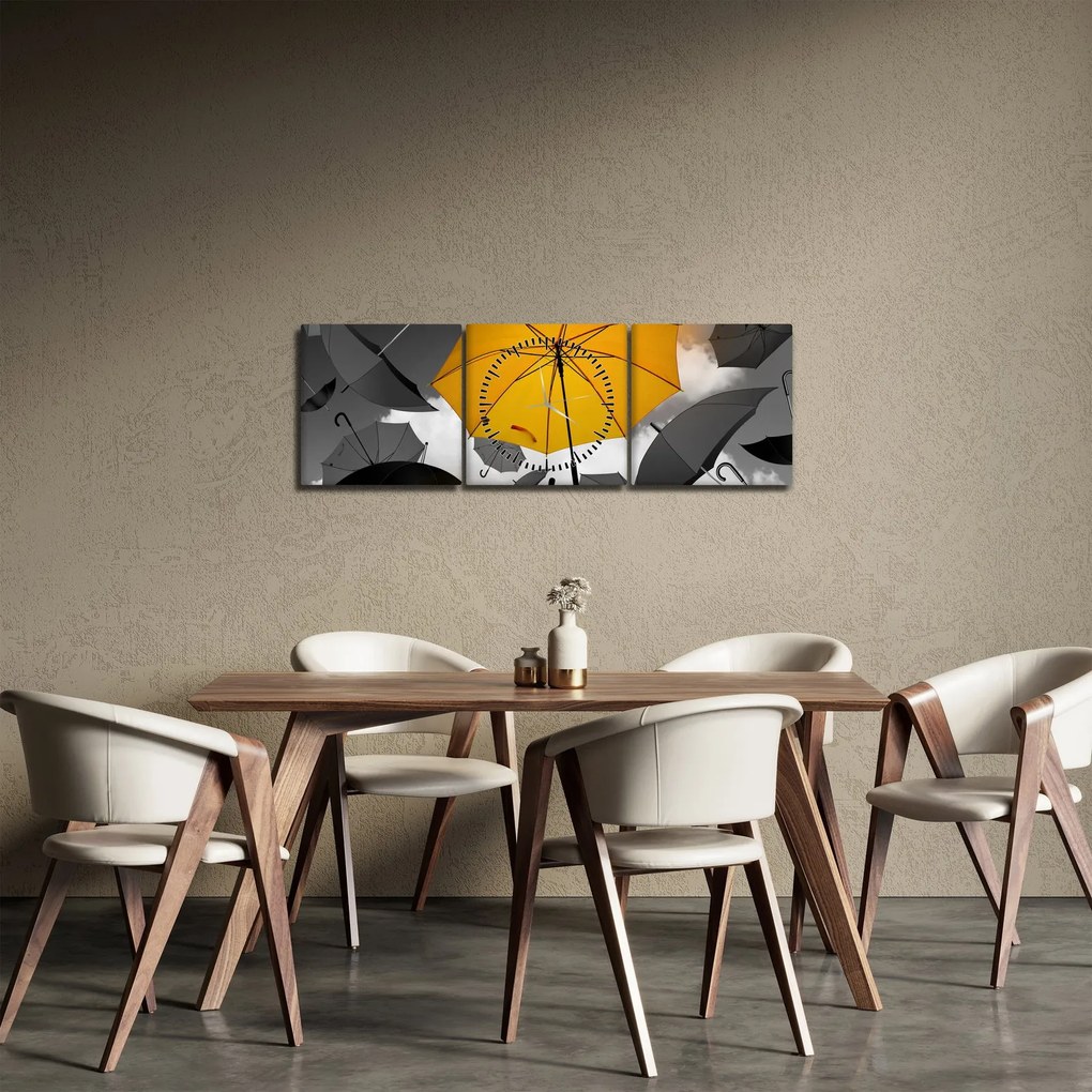 Obraz žltého dáždnika (s hodinami) (90x30 cm)