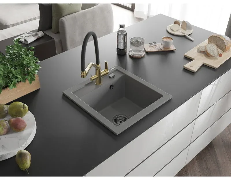 Mexen Vito, 1-komorový granitový drez 520x490x210 mm, drezová batéria Duo, šedá, 6503-71-671701-57-B