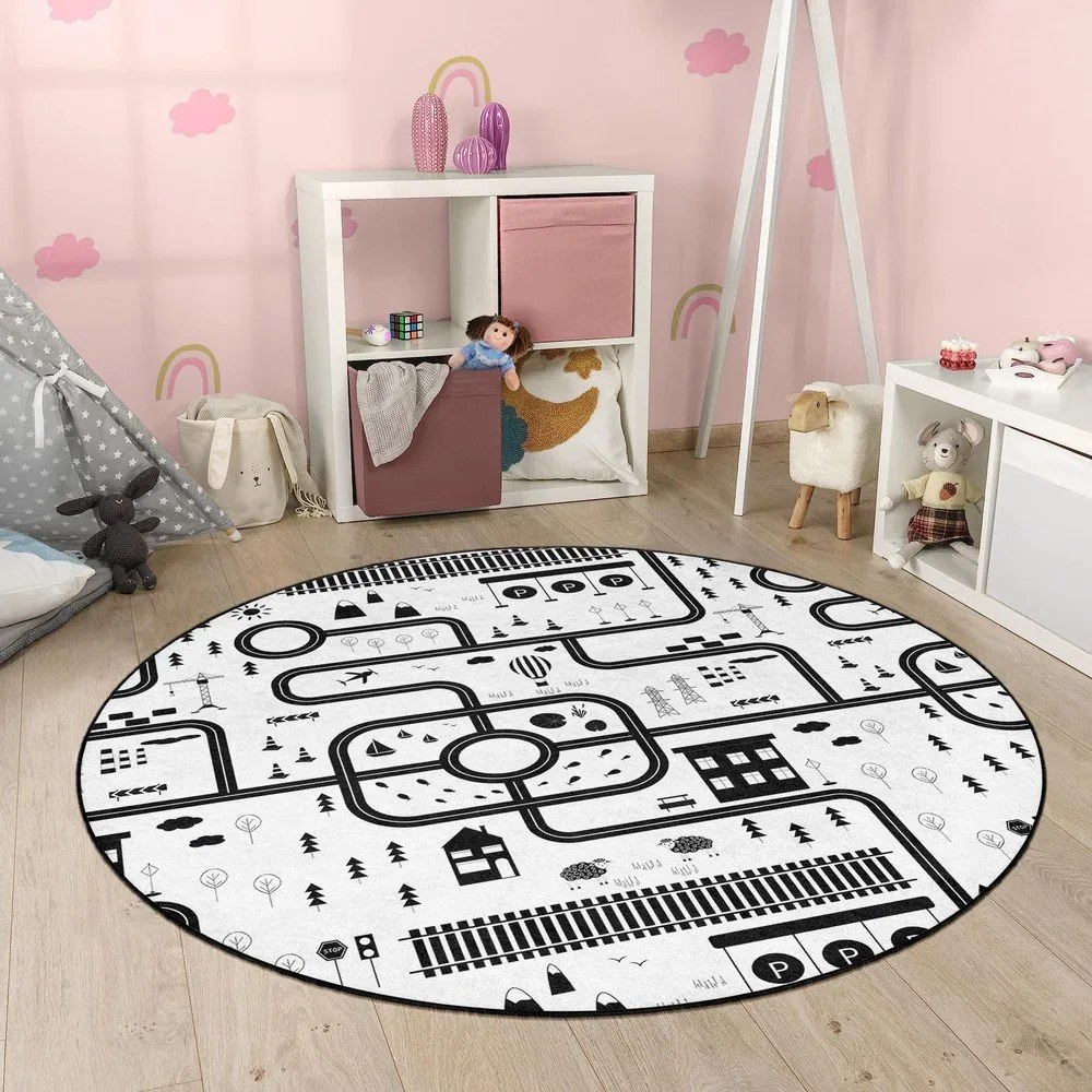 Čierno-biely prateľný detský hrací koberec ø150 cm In My Town – Mila Home