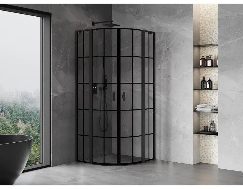 Mexen Mist L, štvrťkruhový sprchový kút s 2-krídlovými dverami, 100 x 100 cm, 8mm číre sklo, čierny profil, 8A32L-100-100-70-77