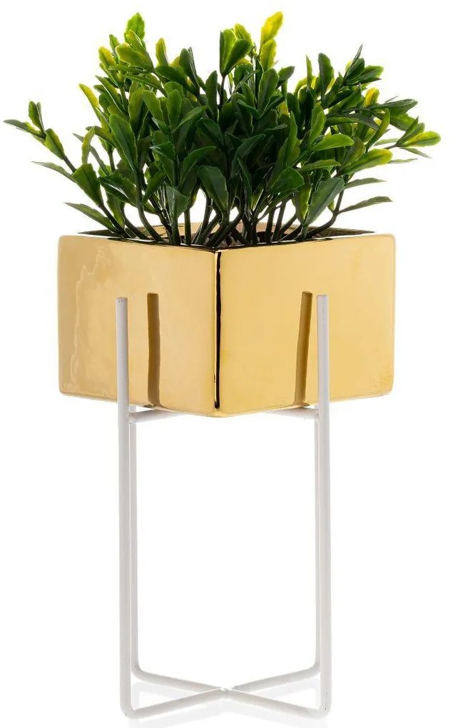 KERAMICKÝ KVETINÁČ SO STOJANOM MIZU 20,5X12 CM ZLATÁ/BIELA