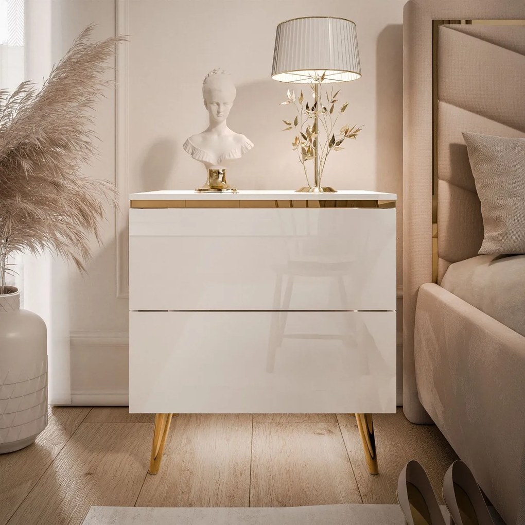 NOČNÝ STOLÍK NESSIE 2 BIELY LESK + ZLATÝ NA NOŽIČKÁCH 13 cm LED