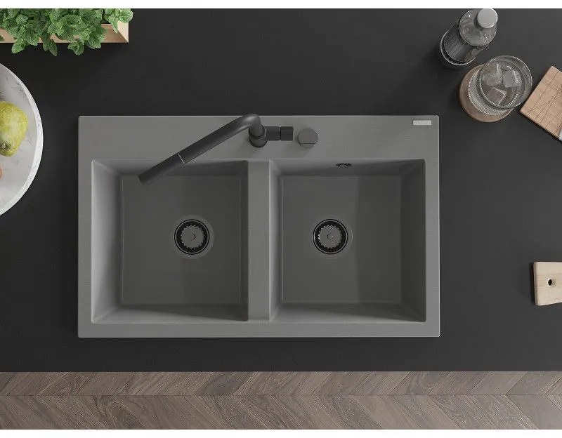 Mexen Hektor, 2-komorový granitový drez 800x480x205 mm, šedá, grafitový sifón, 6521802000-71-B