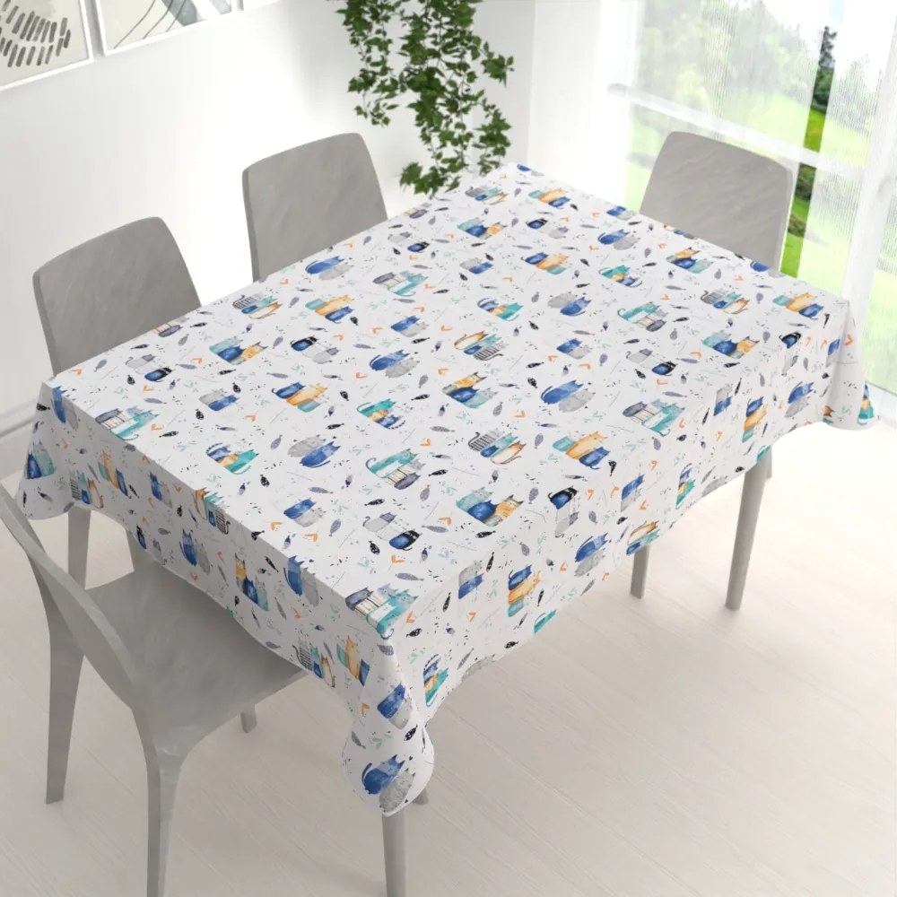 Biante Detský bavlnený obdĺžnikový obrus Sandra SA-653 Mačací svet modrý na bielom 60x100 cm