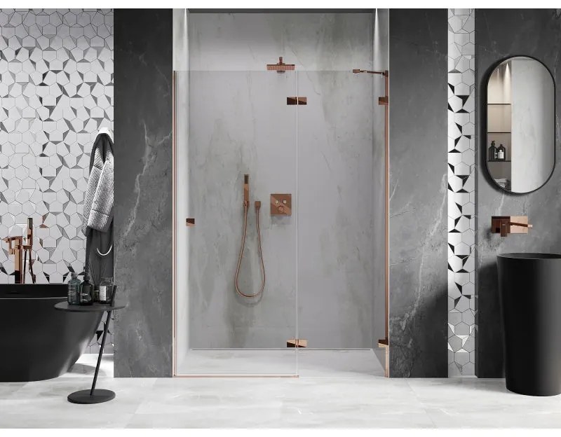 Mexen Lunar, pravé otočné sprchové dvere 135 cm, 8mm číre sklo, ružové zlato profil, 834-135-000-60-00-P