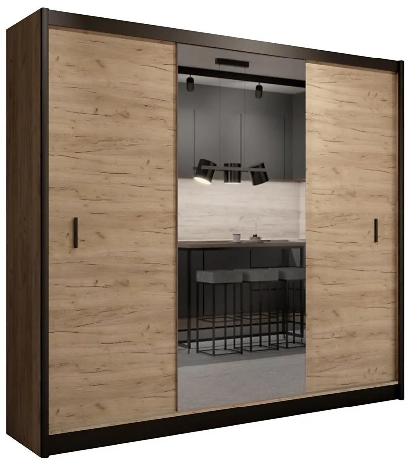 Šatní skriňa MIRO 250x215 cm dub craft/čierna so zrkadlom