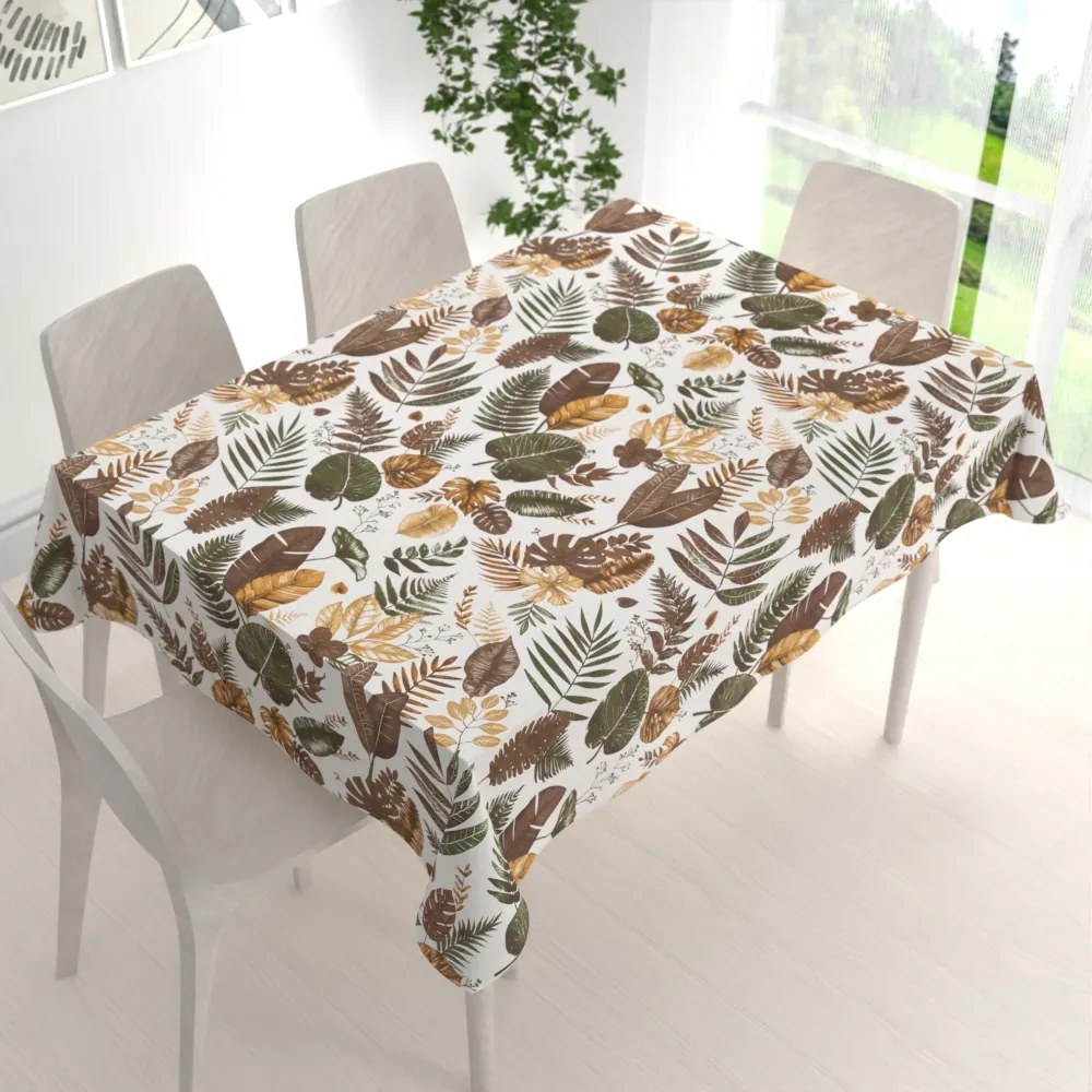 Biante Bavlnený obdĺžnikový obrus Sandra SA-540 Hnedo-zelené listy na bielom 140x180 cm