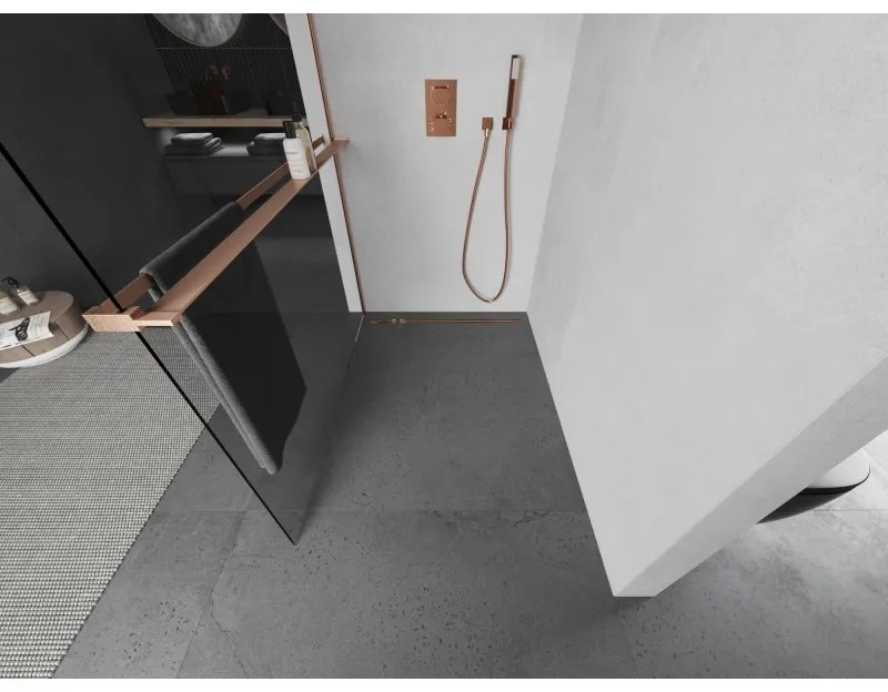 Mexen Kioto+, sprchová zástena Walk-In s poličkou a vešiakom 130 x 200 cm, 8mm číre sklo, medený matný profil, 800-130-121-65-00