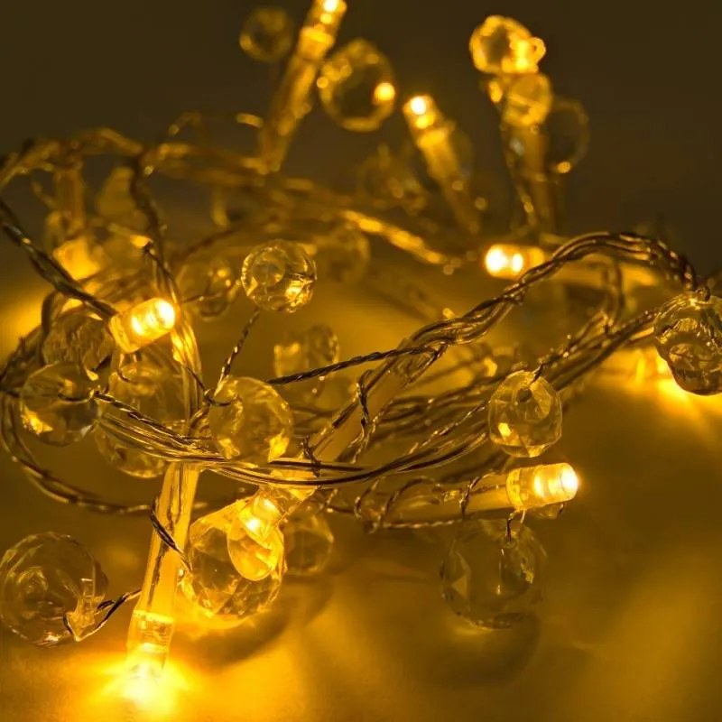DECOLED LED svetlá na batériovom drôte 1,3 m kryštály, teplá biela, 10 diód, priehľadný kábel IP20 interiér, 2× AA