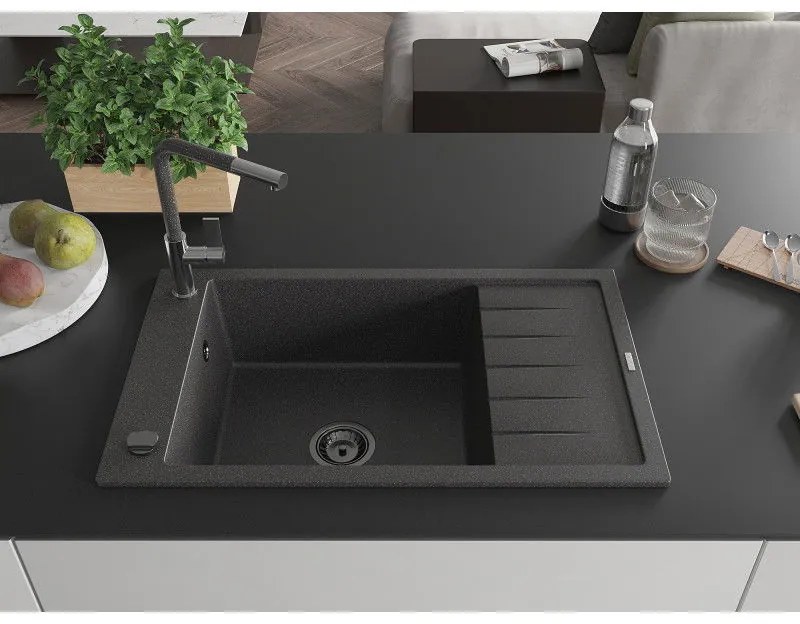 Mexen Elias, 1-komorový granitový drez 795x480x200 mm a drezová batéria Flora, čierna škvrnitá, 6511-76-670401-08-B