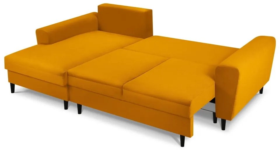 Menčestrová rozkladacia/s úložným priestorom rohová pohovka v horčicovej farbe (ľavý roh/s leňoškou) Kyoto – Cosmopolitan Design