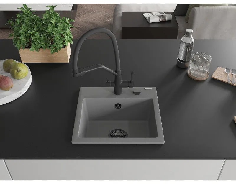 Mexen Milo, granitový drez 435x410x171 mm, 1-komorový a drezová batéria Duo, šedá, 6505-71-671701-70-B