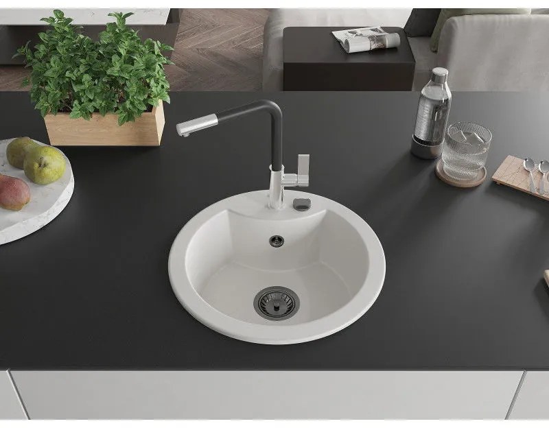 Mexen Diego, 1-komorový granitový drez 488x488x167 mm a drezová batéria Flora, biela, 6512-20-670401-07-B