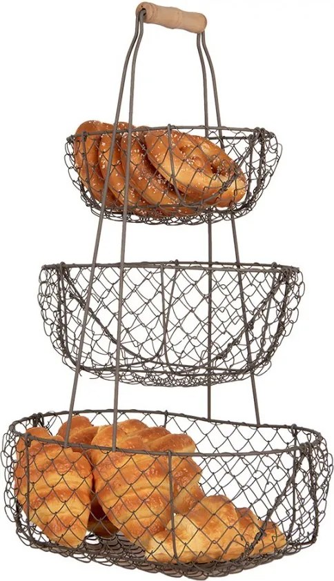 Hnedý kovový poschodový stojan s 3košíkmi a držadlom - 30*22*50 cm