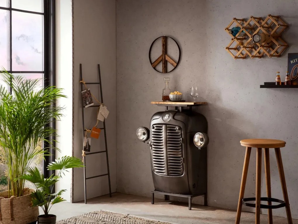 furniture-nabytek.cz - Masivní barový jídelní stůl Traktor z kovu a dřeva, lakovaný, šedý – 90×38×100 cm