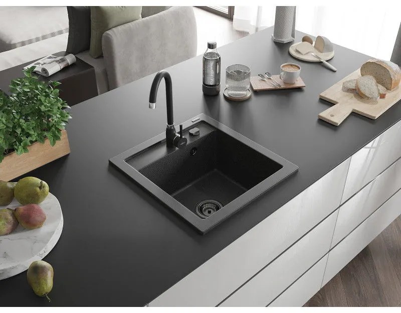 Mexen Vito, granitový drez 520x490x210 mm, 1-komorový, čierna-škvrny s čiernym sifónom, 6503521000-76-B