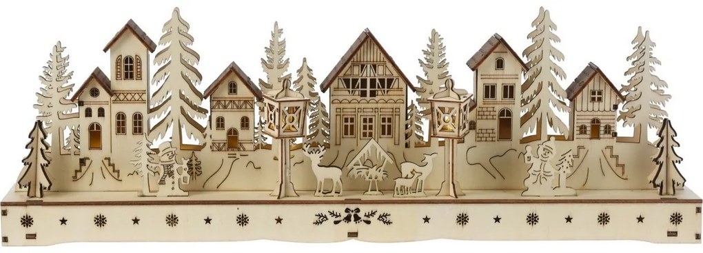Vianočná svietiaca dedinka, 15 LED, 45 x 5,8 x 15 cm, prírodná, drevo