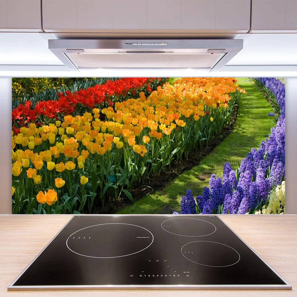 Sklenený obklad Do kuchyne Kvety záhrada tulipány 125x50 cm