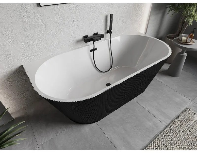 Mexen Oris, voľne stojaca ryhovaná vaňa 150 x 75 cm, biela-čierna, čierny matný prepad, 52871507575-70