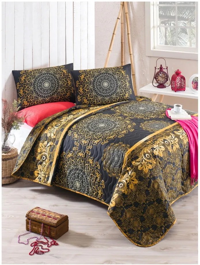 Set plédu cez posteľ a obliečky na vankúš s prímesou bavlny Sehri Ala Gold, 160 x 220 cm