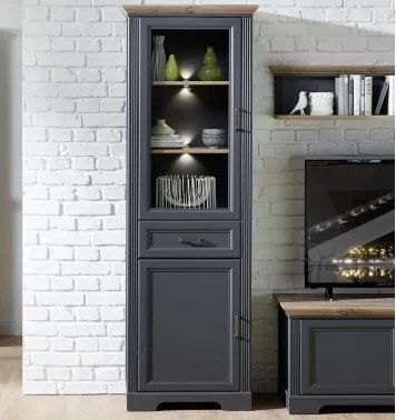 Vysoká vitrína Jasmin, grafit/dub, s osvetlením%