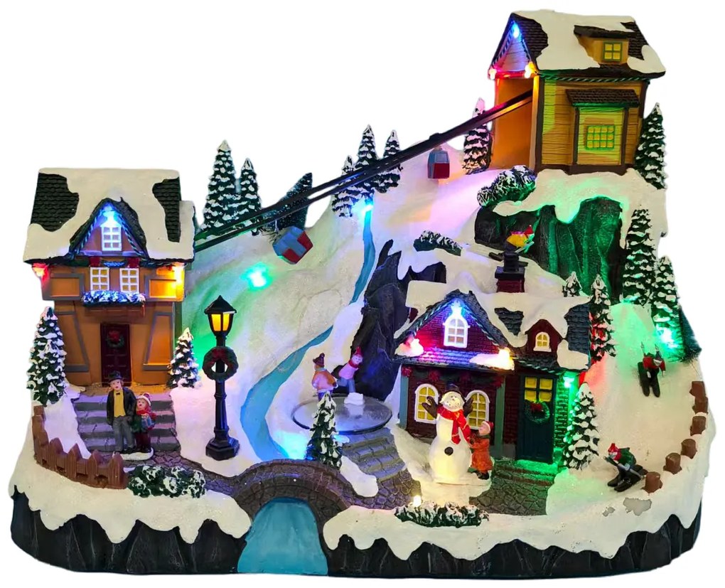 Vianočná dedinka s osvetlením a melódiou - lanovka BestBerg BBXS-982 / 42 x 25 x 31,5 cm / polyresin