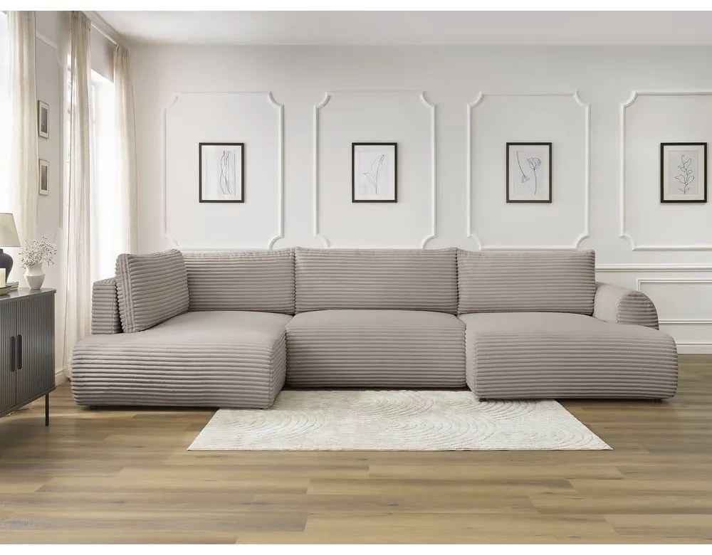 Svetlosivá/béžová menčestrová rozkladacia/s úložným priestorom rohová pohovka (ľavý roh/do tvaru "U") Lucien – Bobochic Paris