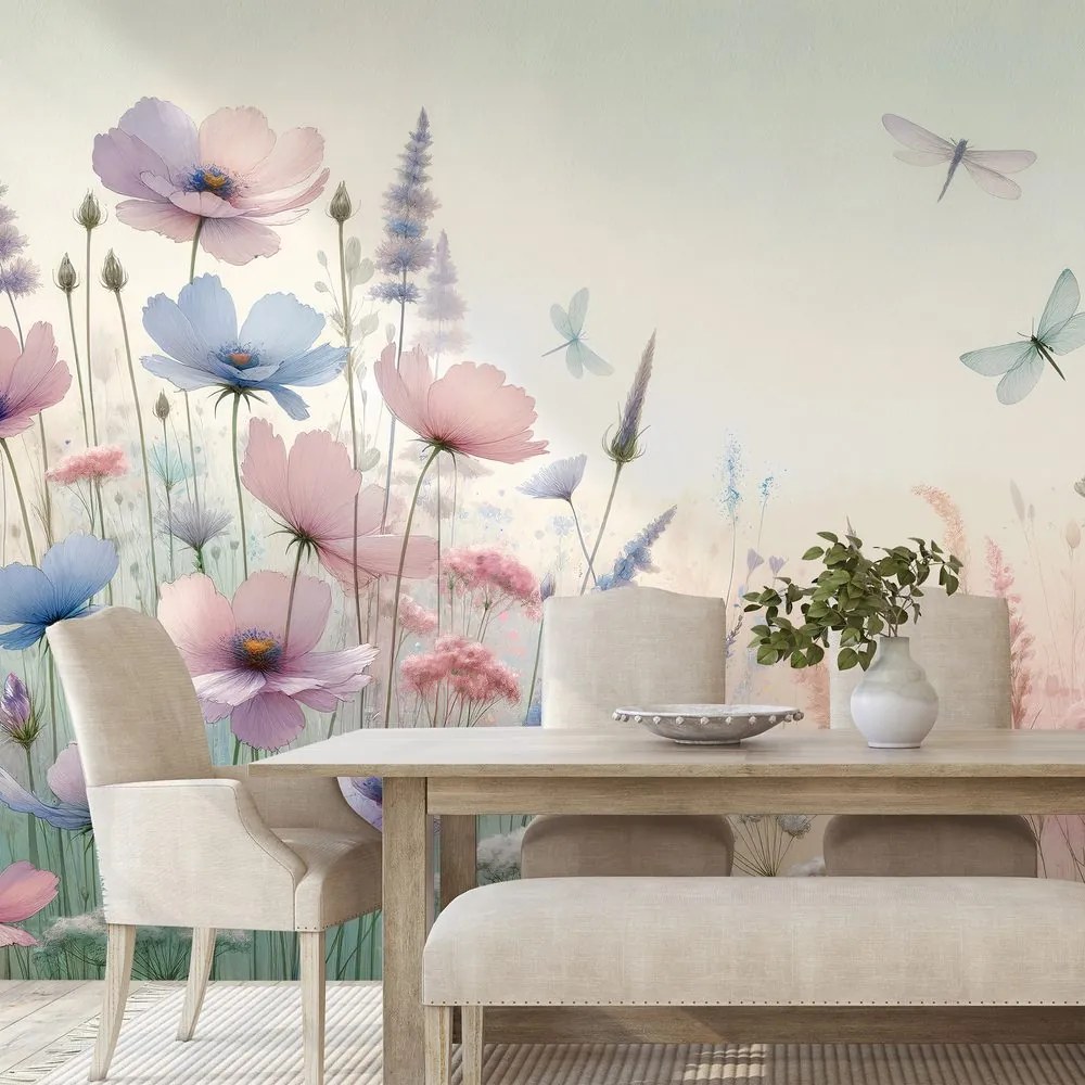 Fototapeta pastelové kvety a vážky