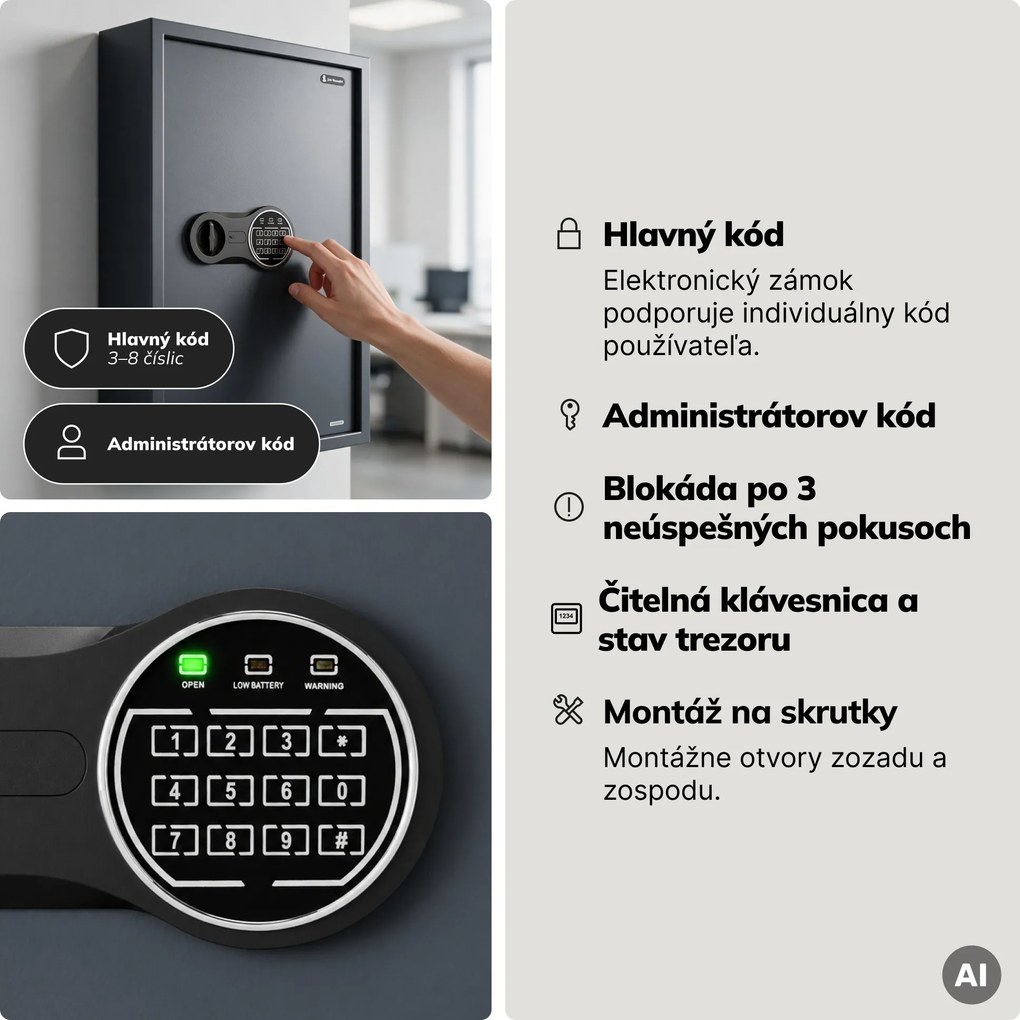 Skrinka na kľúče elektronická s vhadzovaním a kódovým zámkom, na 133 kľúčov, 430x665x130 mm: BRUCE
