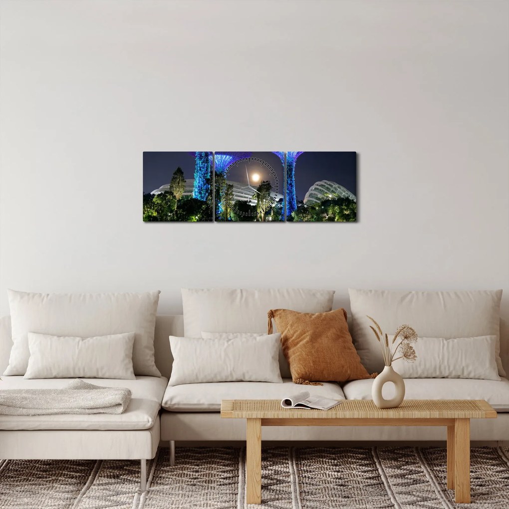 Obraz splnu v Singapurských záhradách (s hodinami) (90x30 cm)