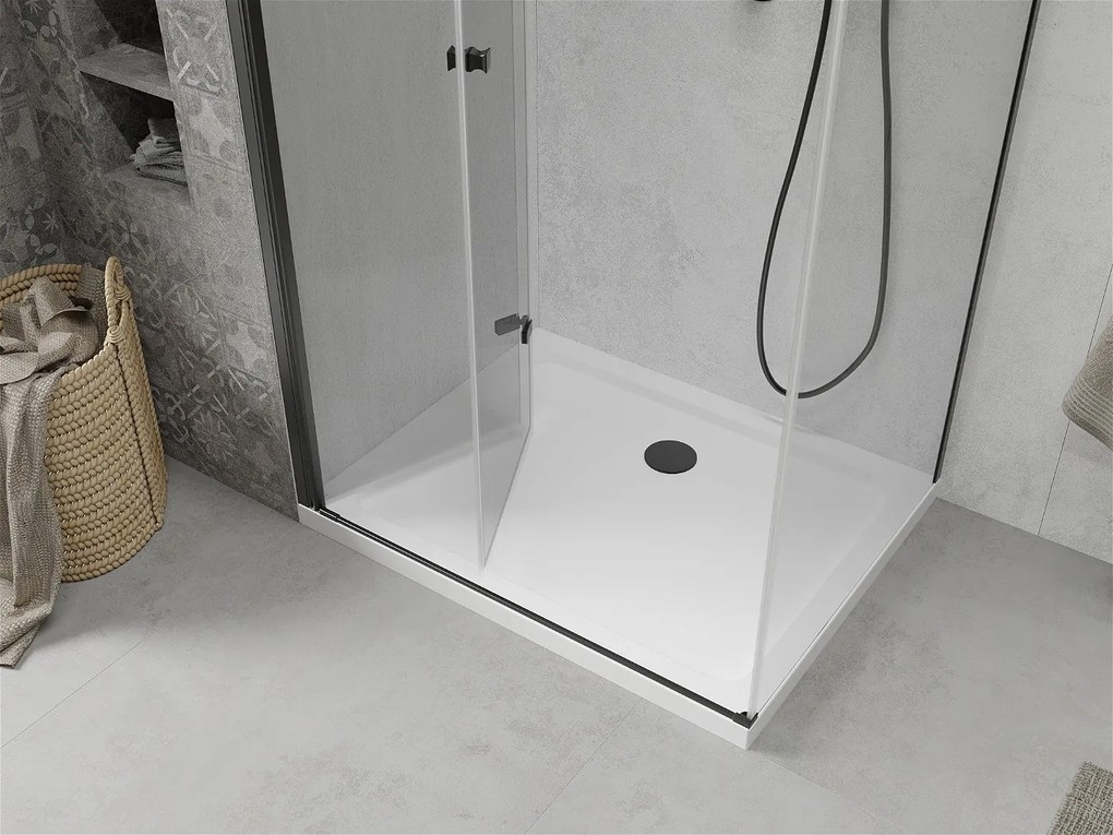 Mexen Lima, sprchovací kút so skladacími dverami 100 (dvere) x 70 (stena) cm, 6mm číre sklo, čierny profil + slim sprchová vanička biela s čiernym sifónom, 856-100-070-70-00-4010B