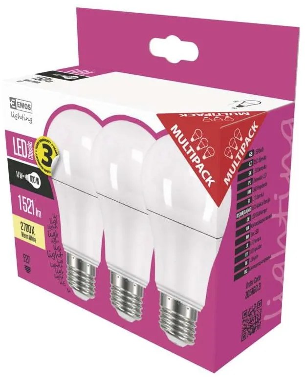 Súprava 3 LED žiaroviek EMOS Classic A60 Warm White, 13,2W E27
