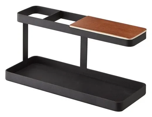 Čierny multifunkčný stojan s detailom z bukového dreva YAMAZAKI Tower Desk Bar