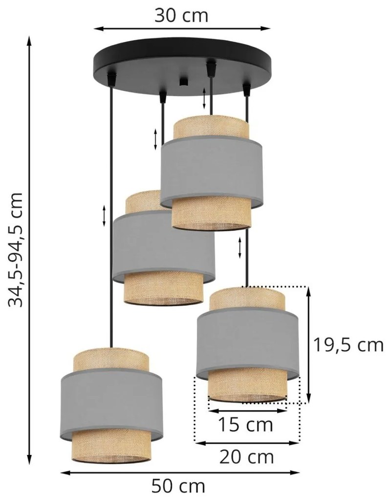 Závesné svietidlo Boho 1, 4x jutové/sivé textilné tienidlo, o